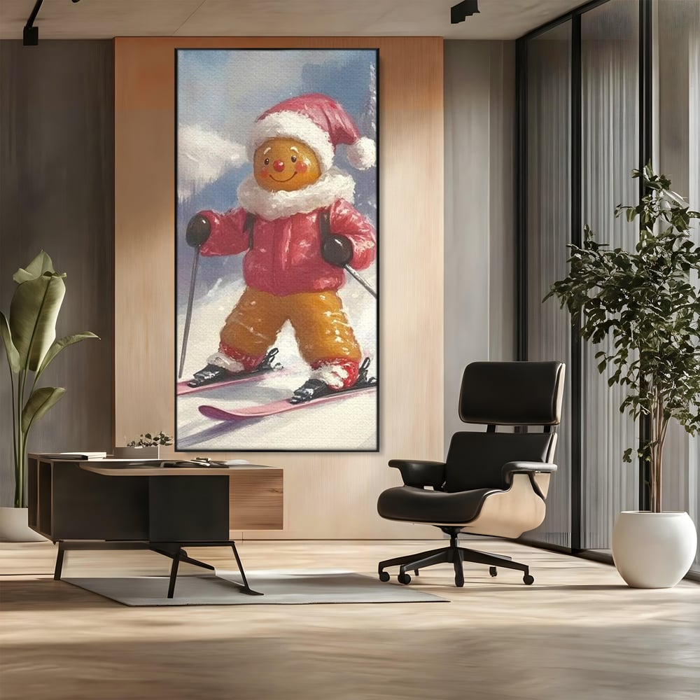 Tablou canvas cu turtita dulce schioare, in rama de aluminiu negru, pe perete intr-un birou